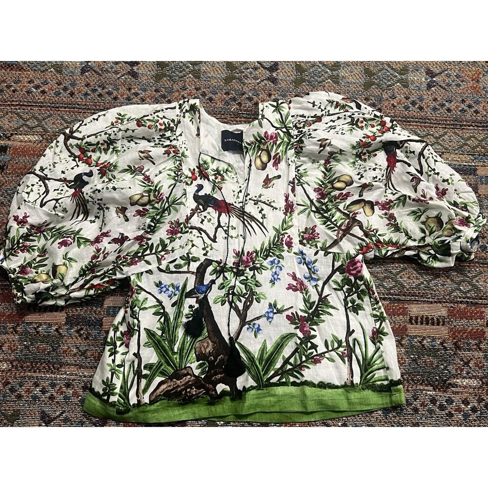 Samantha Sung Blouse Anastasia Top Tropical Palm  Leaves Birds Linen Sz  4 Boho
